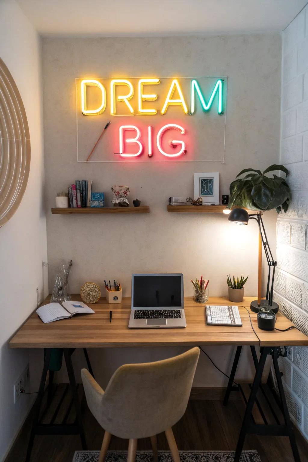 Inspiration takes flight with a 'Dream Big' neon sign in a home office.