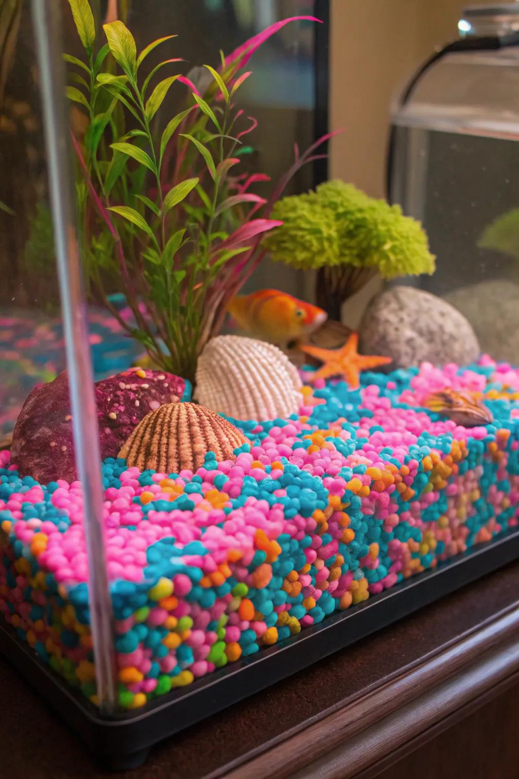 Luminous fluorescent gravel establishes an energetic foundation in this vibrant fish haven.