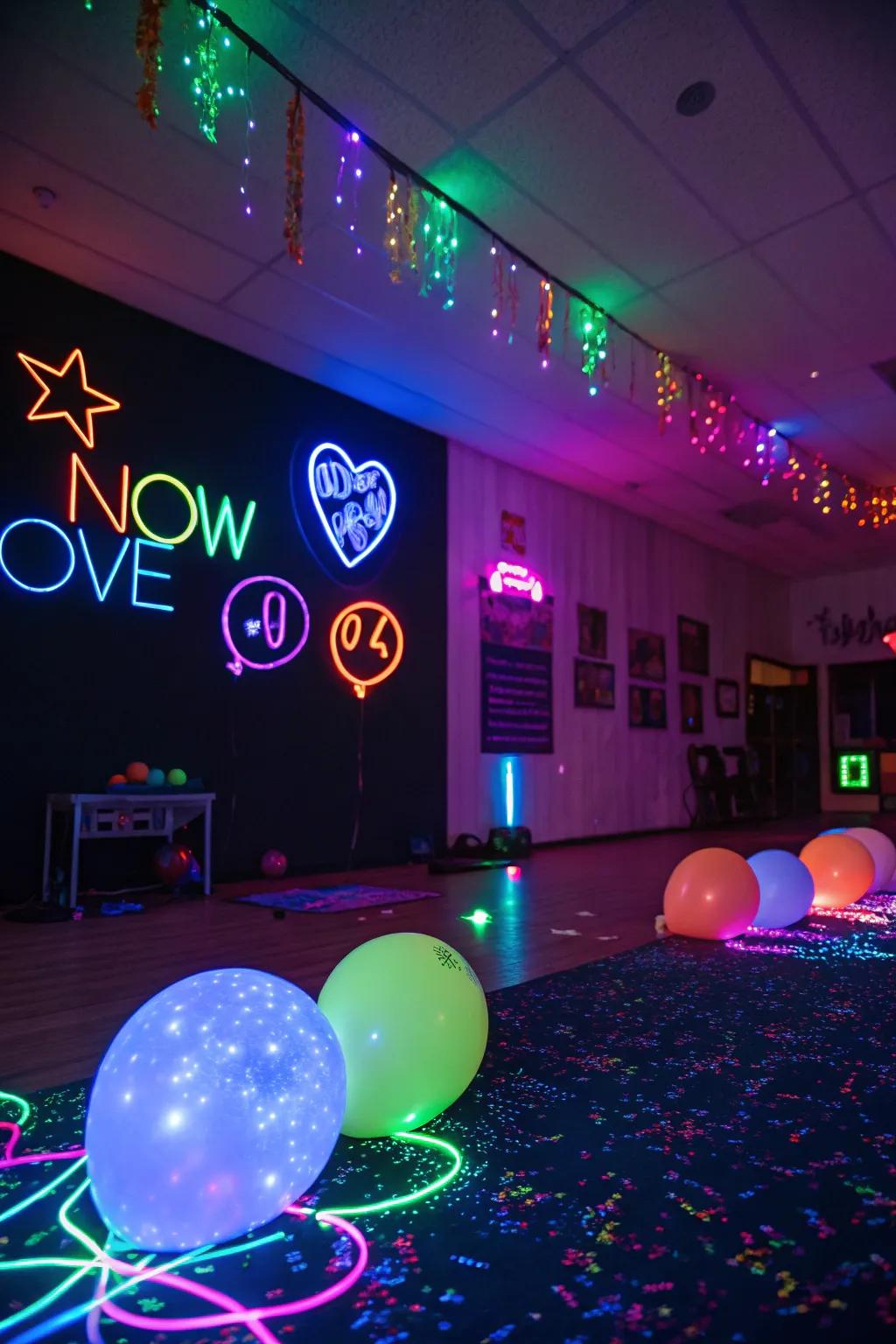 An area enhanced by blacklights, accentuating the vibrant neon decorations for an enchanting party vibe.