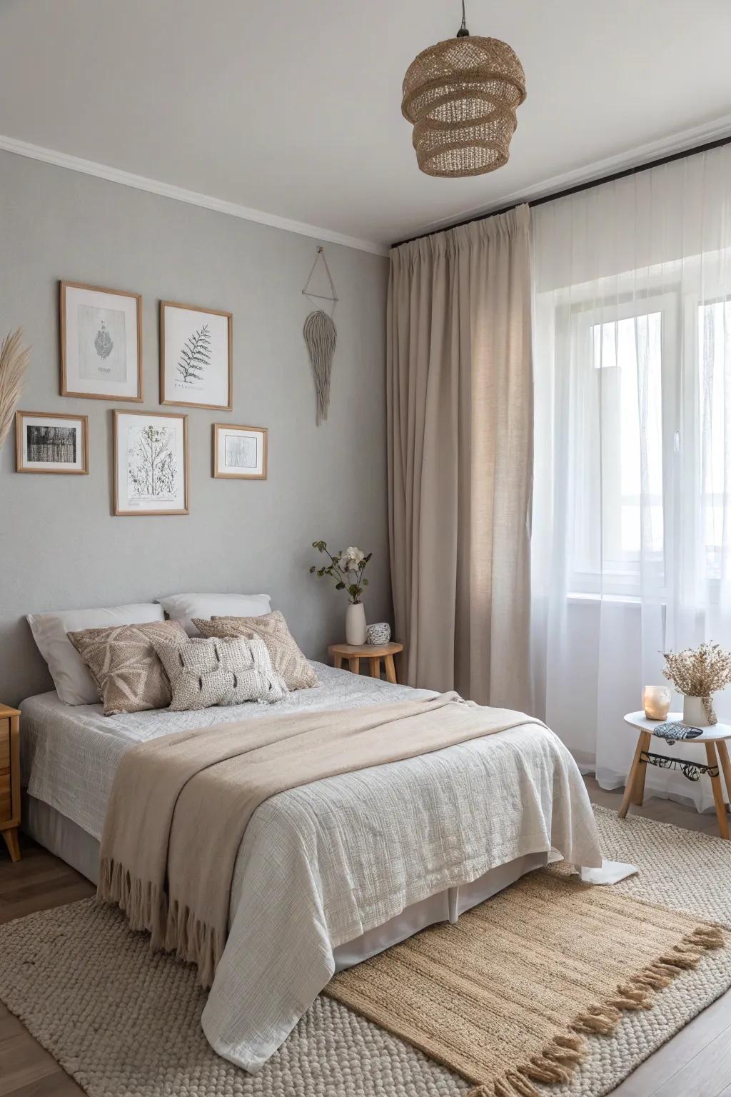 A bedroom with a calming soft color palette of whites and beiges.