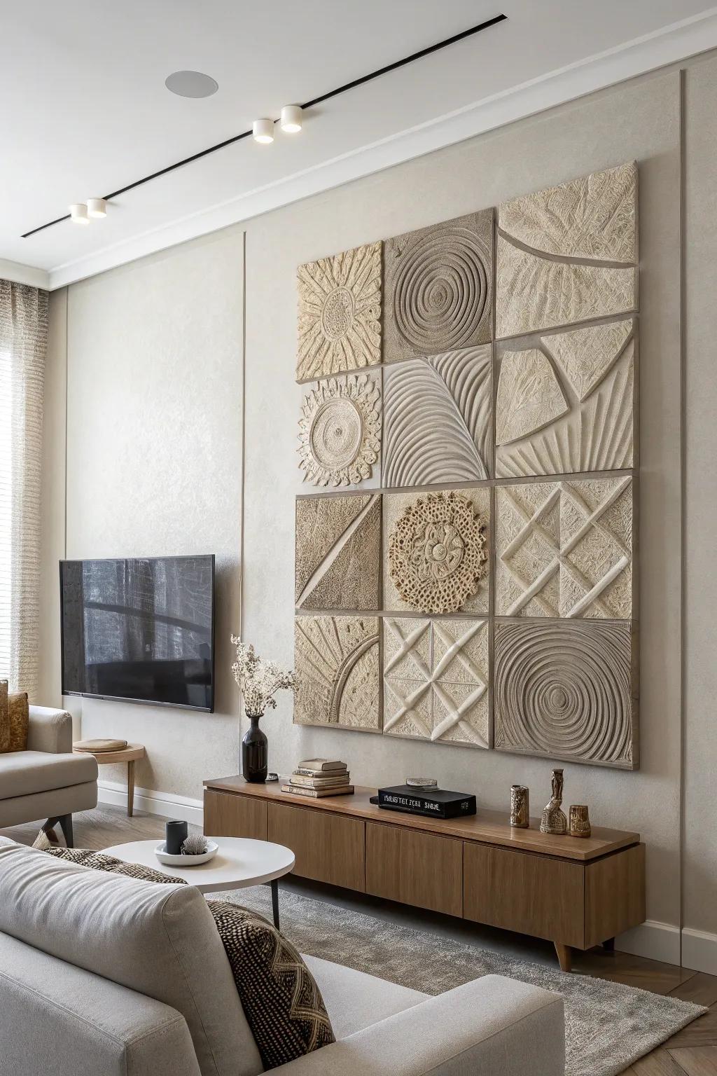 Textured art enlivens neutral walls with added dimension.