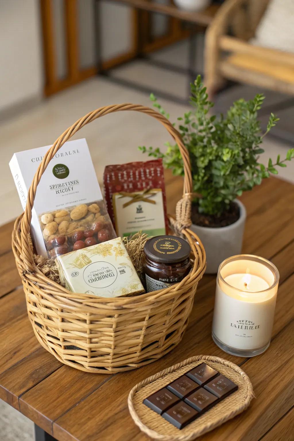 A curated gift basket with a mix of gourmet treats and home essentials.