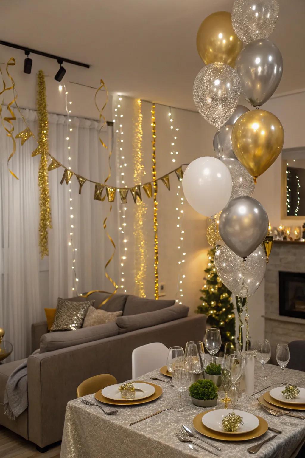 An elegant living area decked out in gold and silver for New Year's Eve.