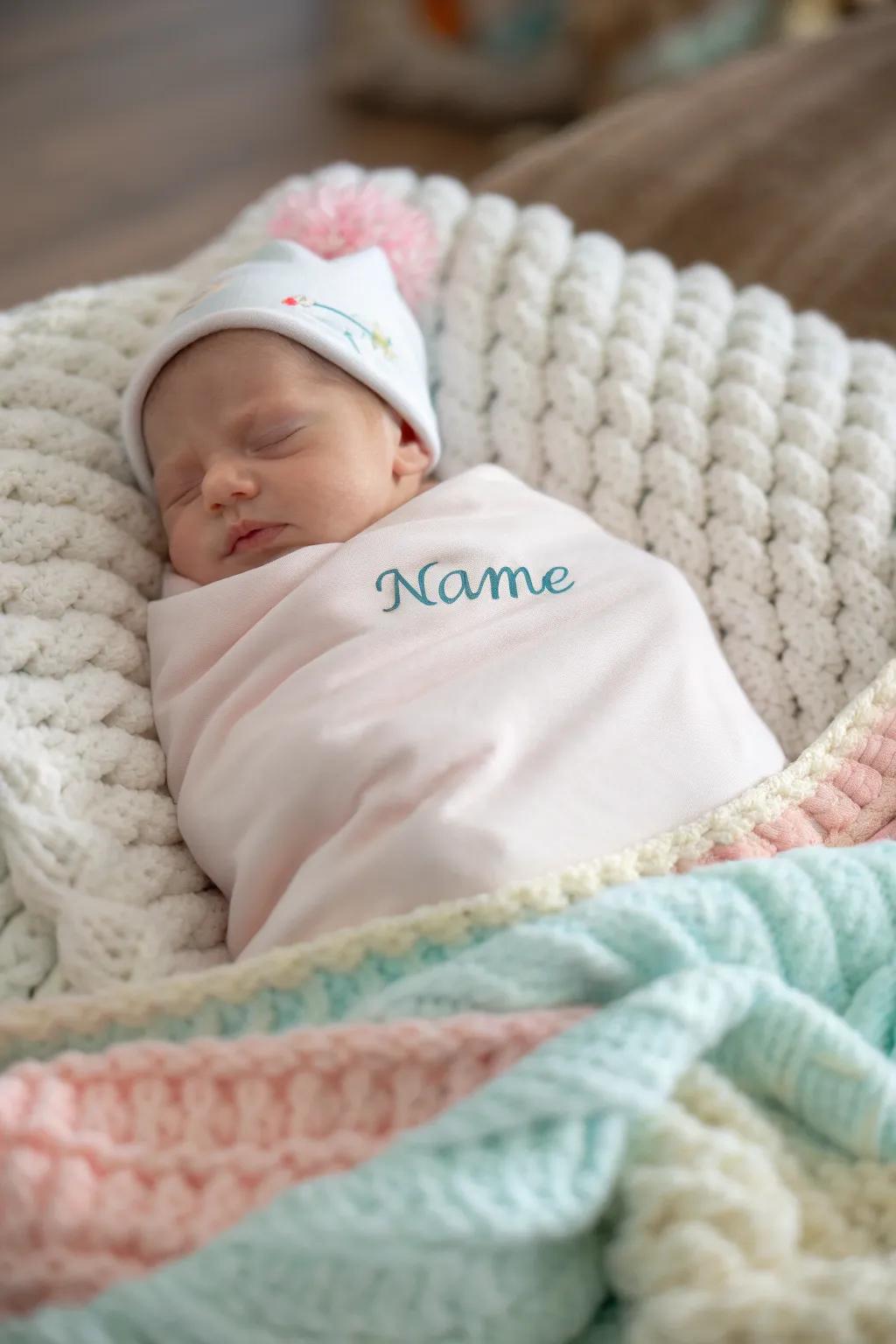 A newborn peacefully nestled in a personalized blanket.