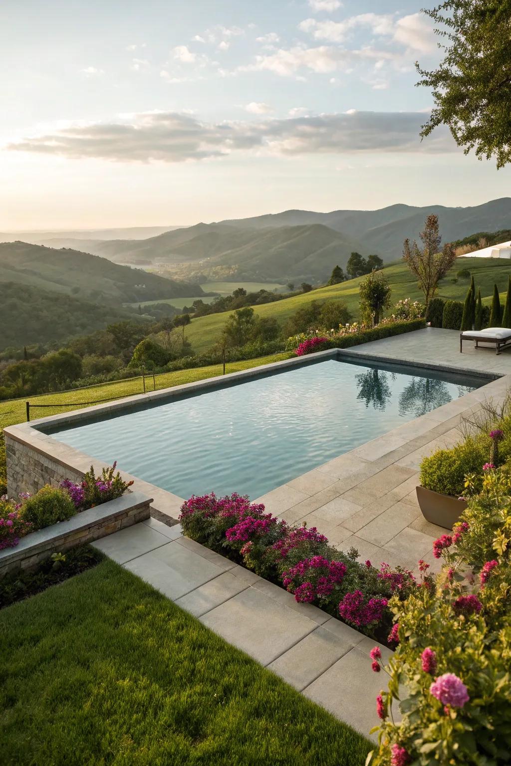 An infinity pool with a breathtaking panorama, producing the optical illusion of never-ending water reaching out into the distance.
