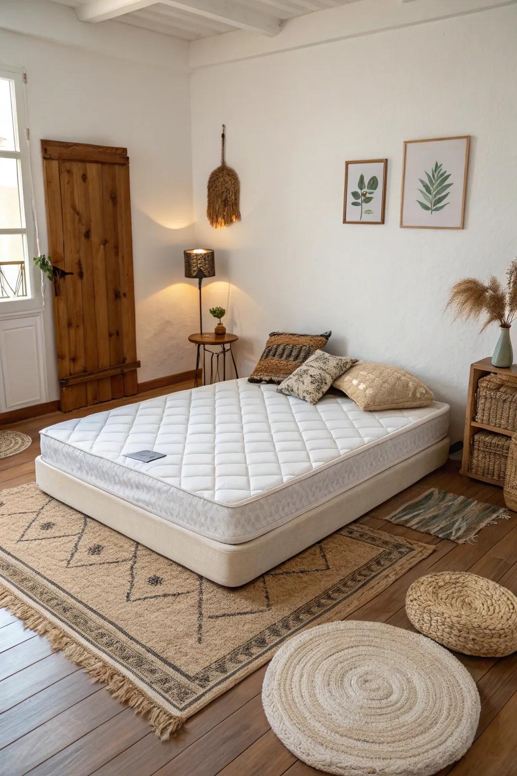A floor mattress creates a minimalist and expansive feel.