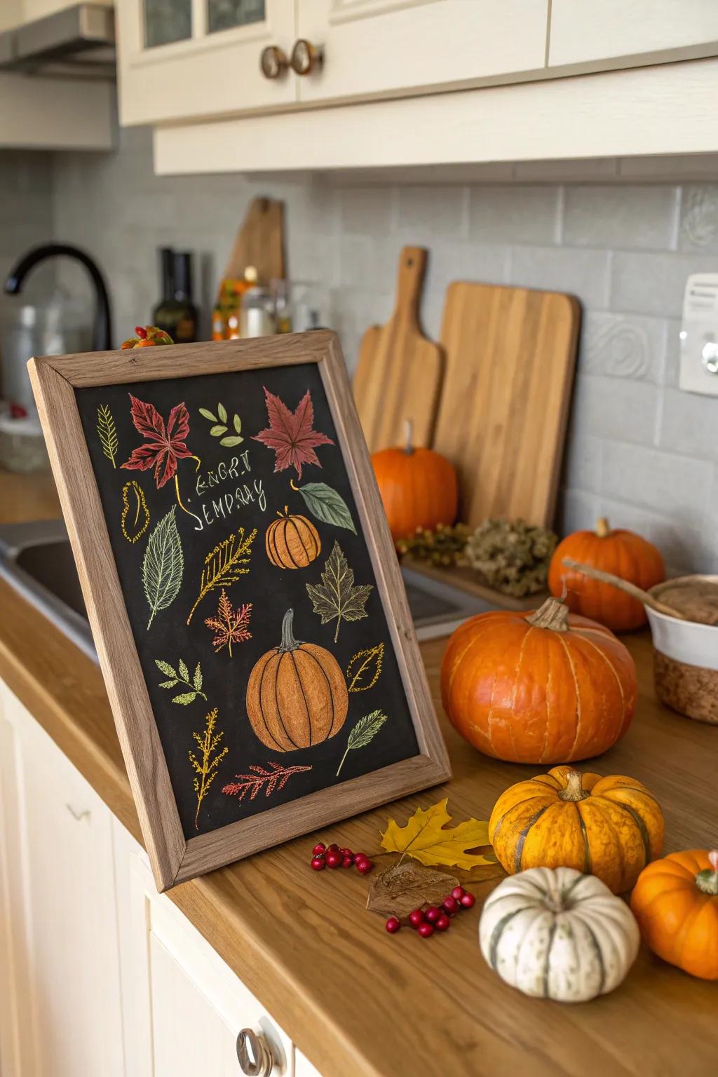 A chalkboard scene that brings the heart of the autumn harvest into your living space.