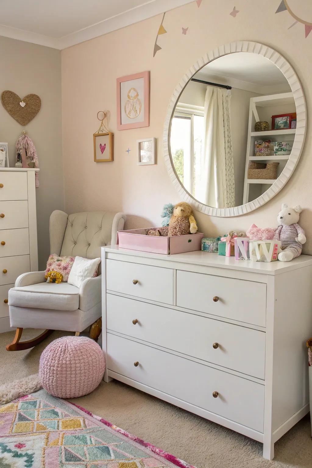 A circular mirror positioned gracefully above a white dresser in a nursery with soft, pastel colors.