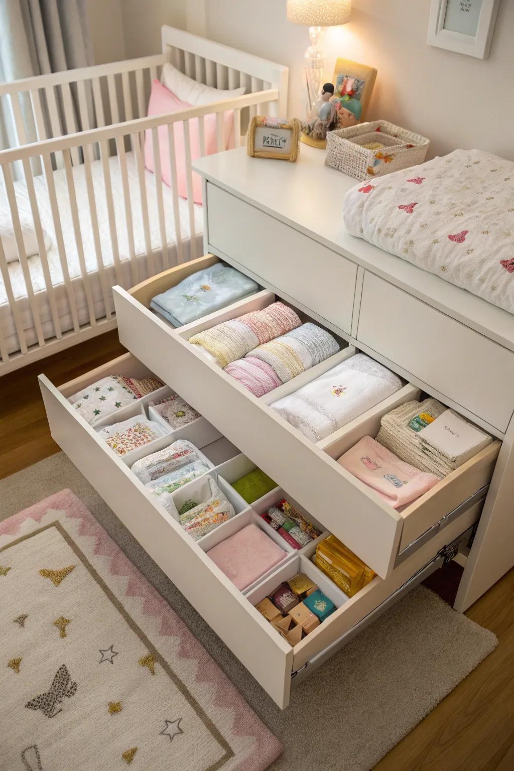 A crib with built-in drawers for extra storage.