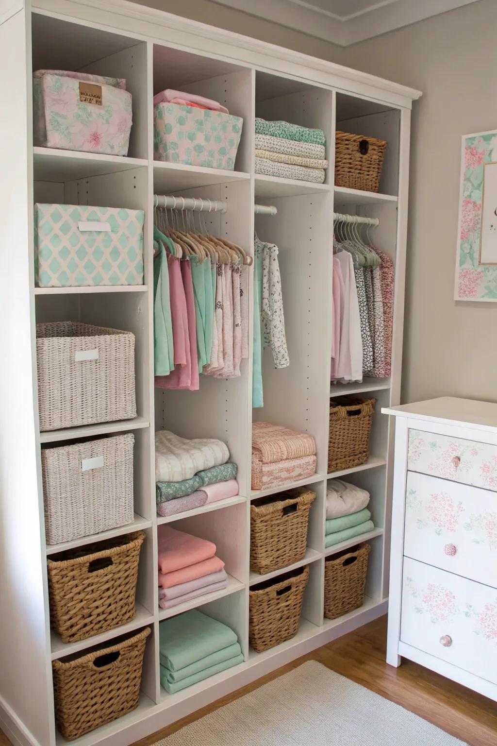 A nursery closet arranged beautifully with storage niches and baskets for supreme organization.