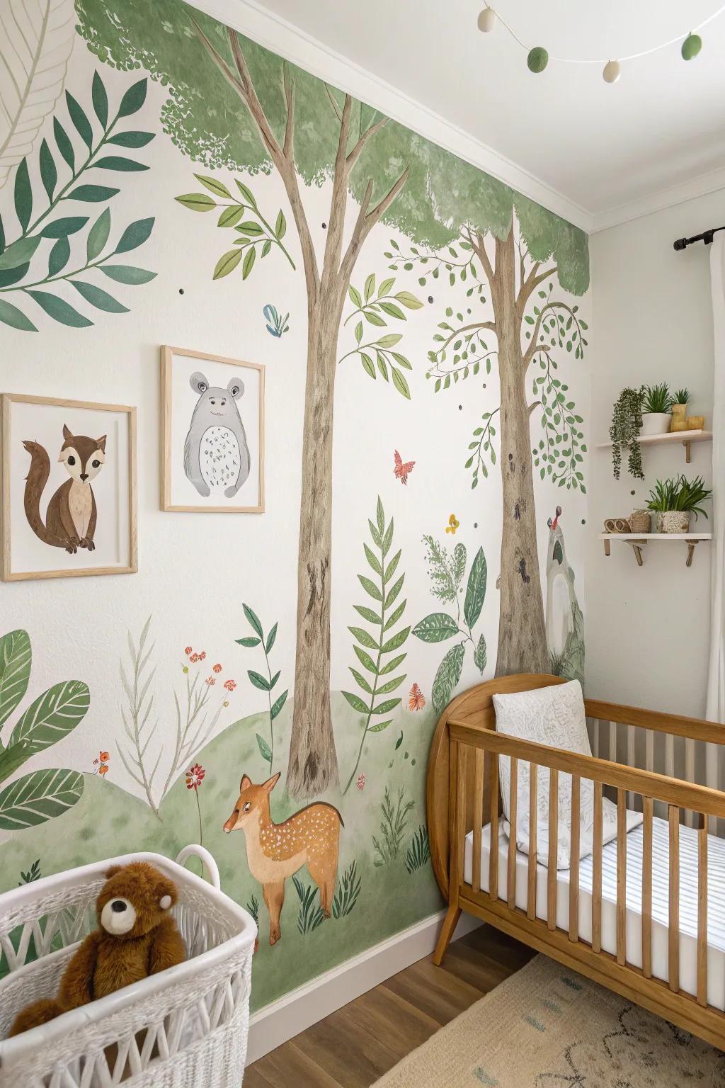 Nature-inspired wall art cultivates a peaceful nursery setting.