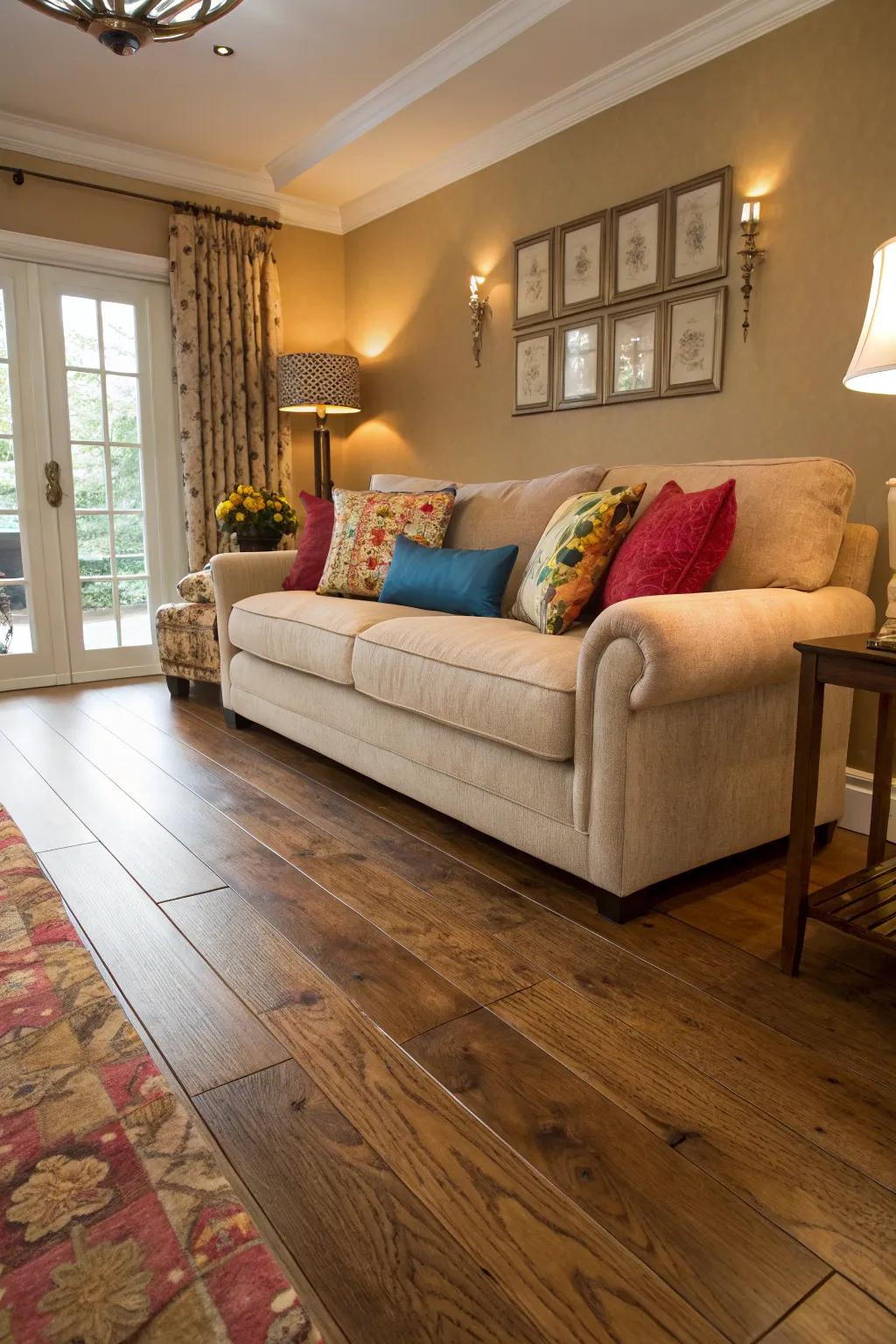 A welcoming living space featuring luxurious furnishings and radiant oak floors.