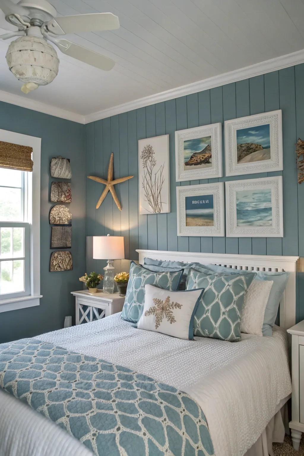 A calming blue-gray wall color sets the stage for a serene ocean-themed bedroom.