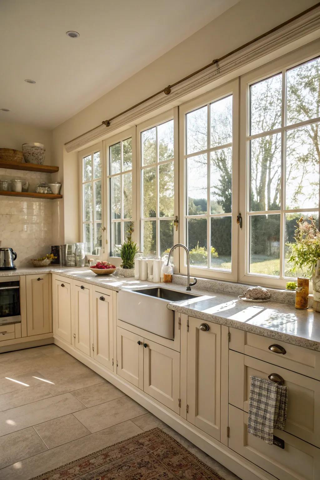 Sunlight perfectly highlights cream-colored cabinets.