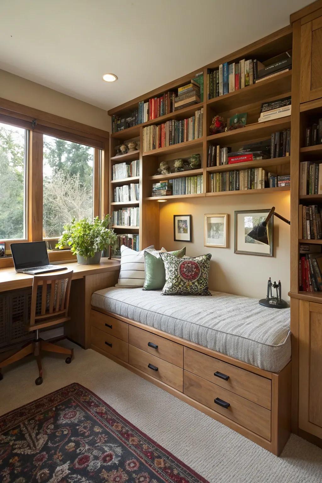 An integrated daybed, flanked by shelving, merges utility with grace.