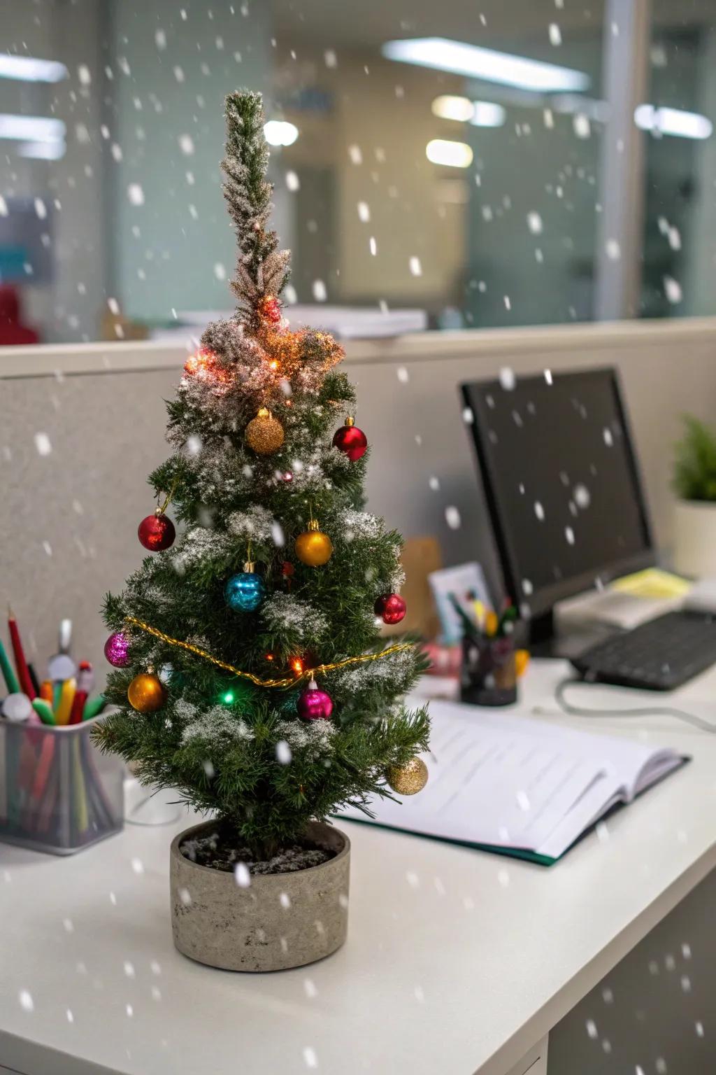 A miniature fir sprinkles enchantment across your workspace.