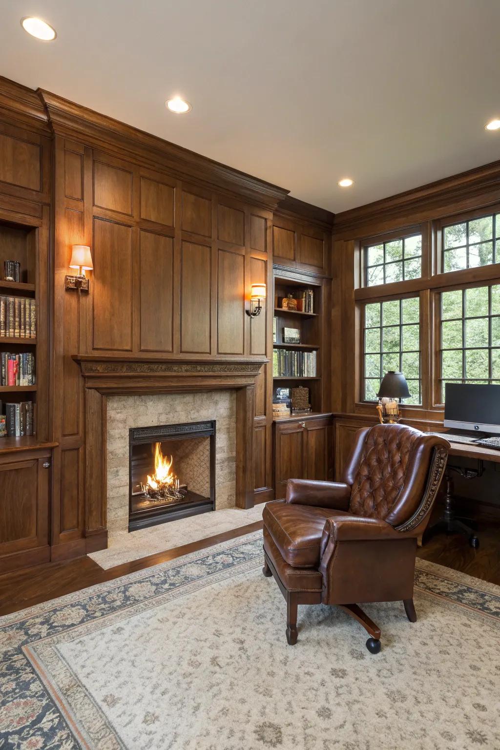 Timber paneling provides a never-goes-out-of-style touch of elegance to this workspace.