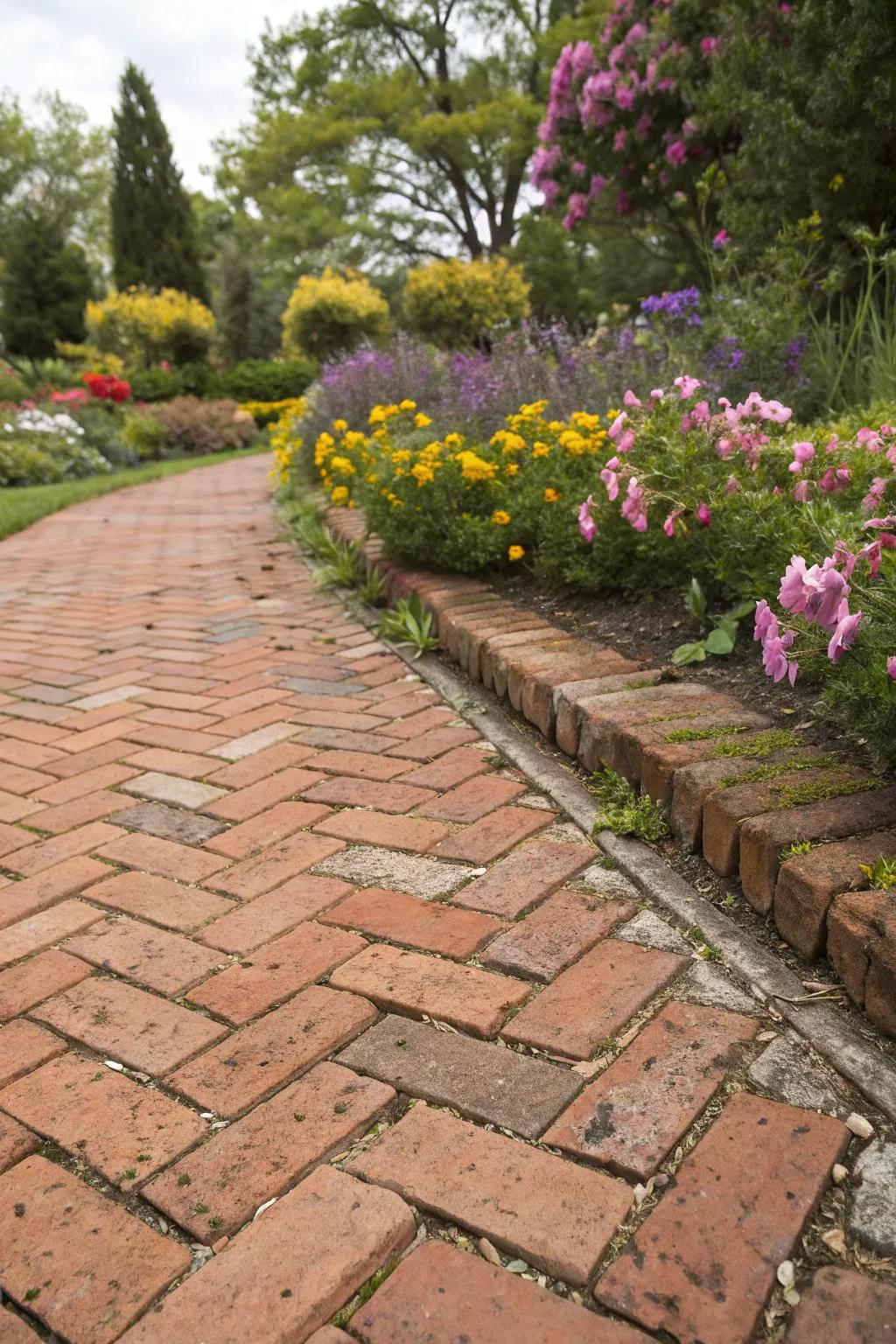A zigzag arrangement imbues this brick patio with classic sophistication