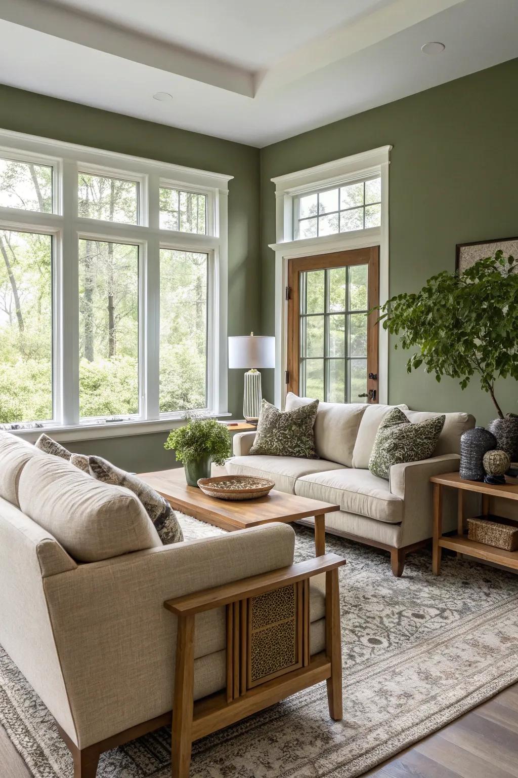 An inviting living area enhanced by woodland moss hued walls.