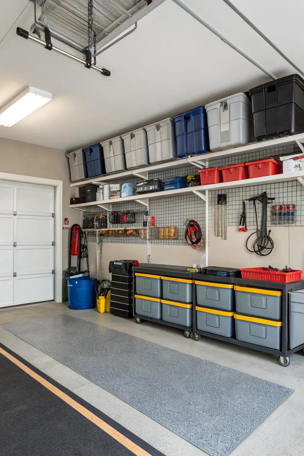 Overhead racks take full advantage of vertical space in a compact garage.