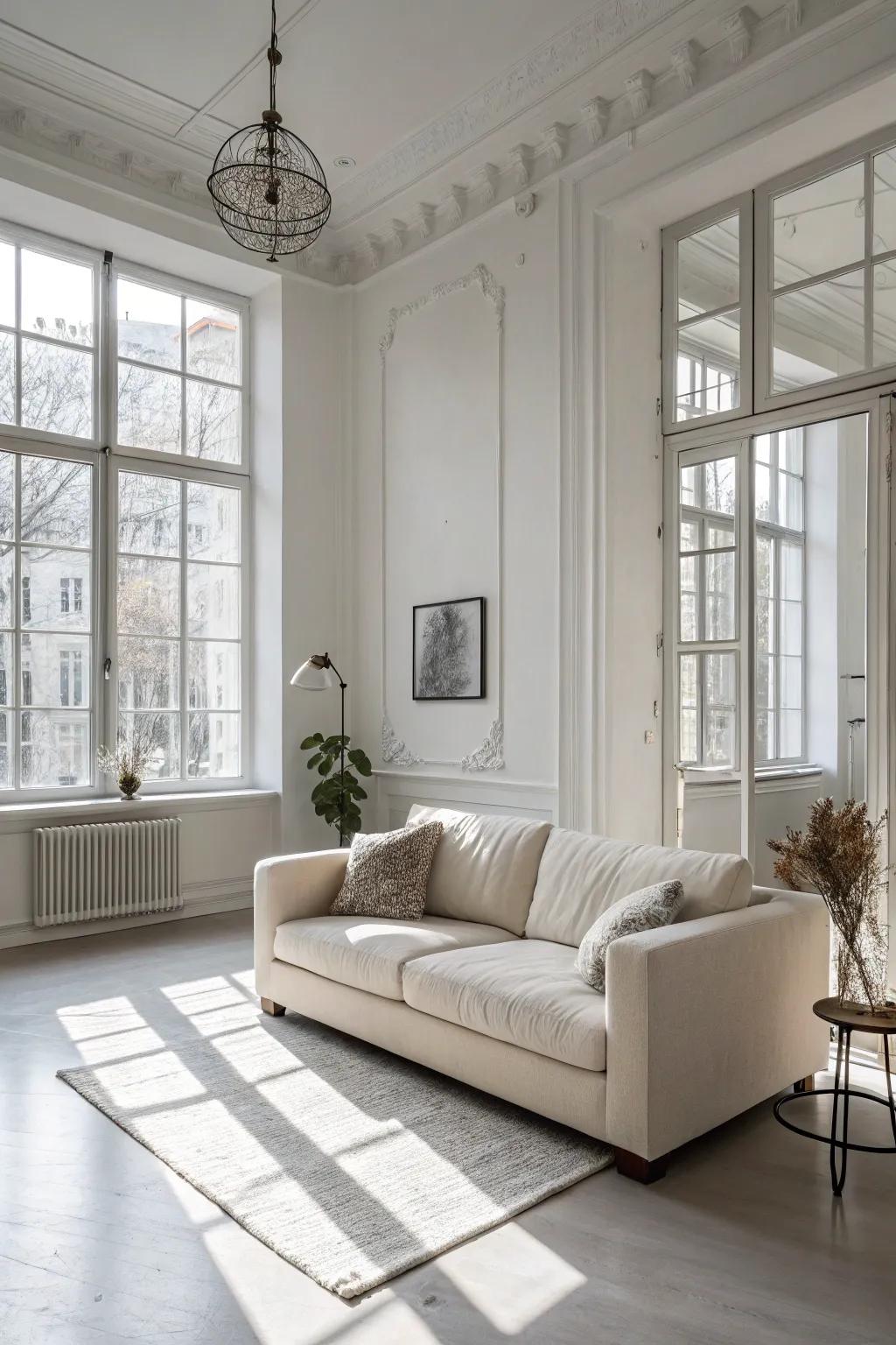 A minimalist setup highlighting the couch in an open space.