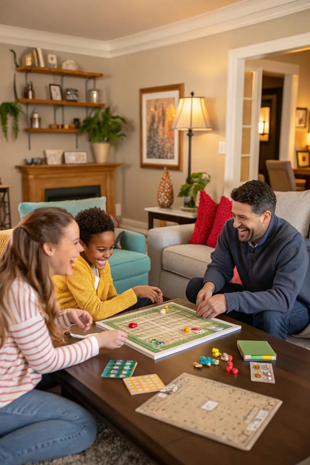 A family captivated by the delight of a board game night.