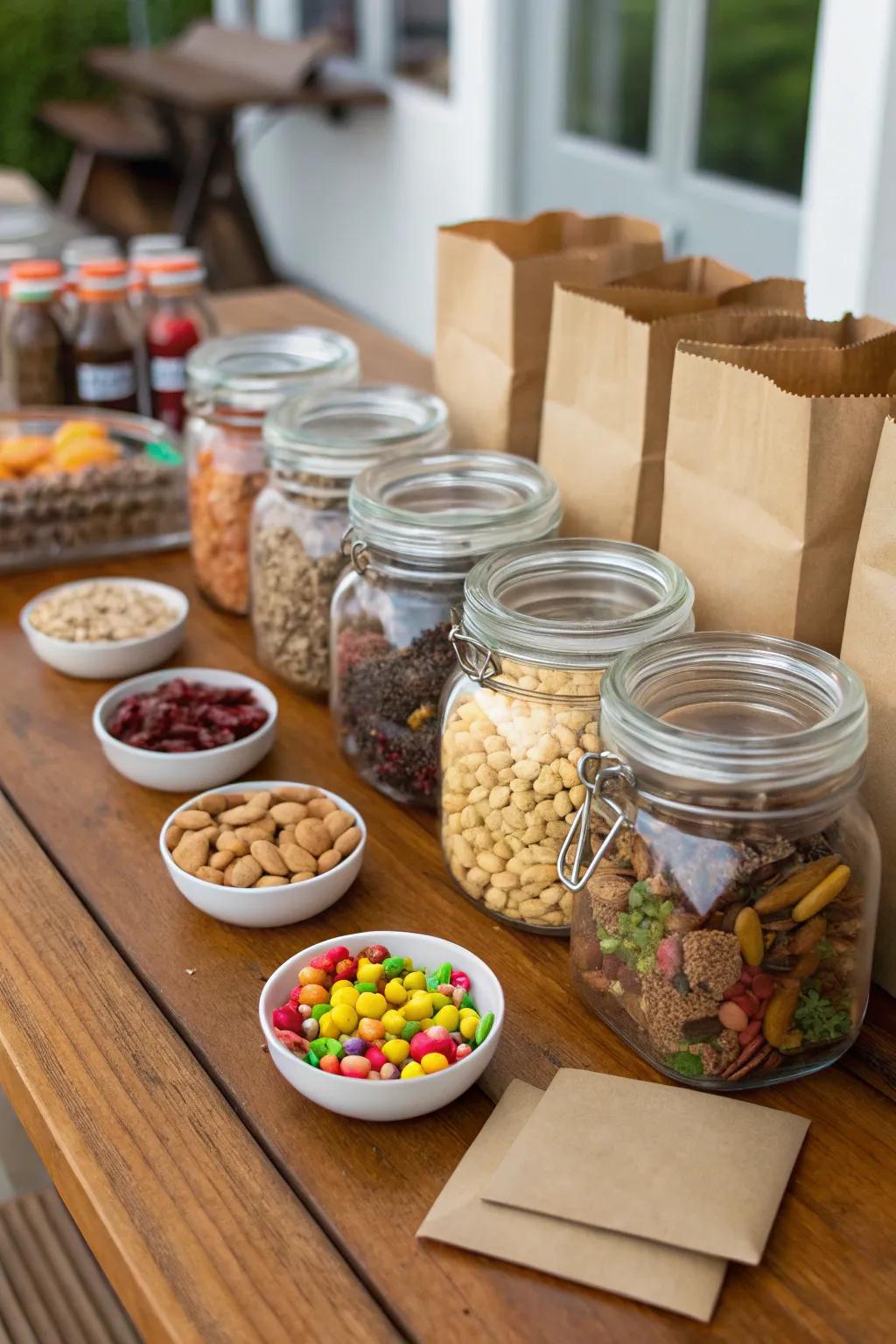 A bespoke trail mix creation station, inviting a personal touch with a plethora of delightful treats.