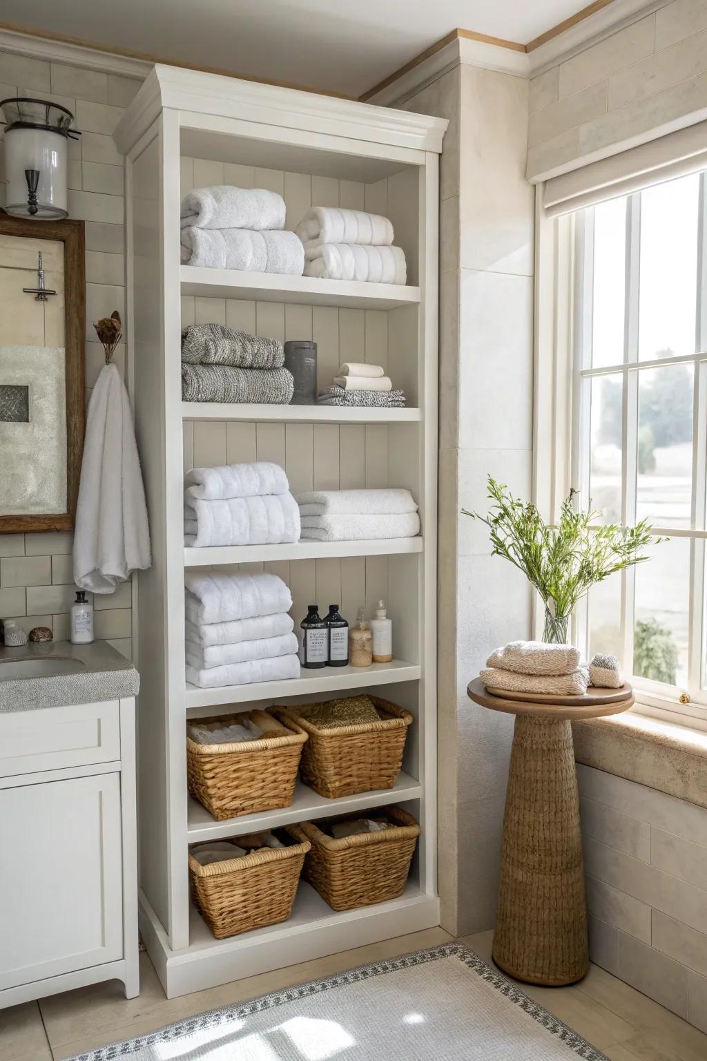 Soaring open shelves capitalize on a bathroom's vertical dimension.
