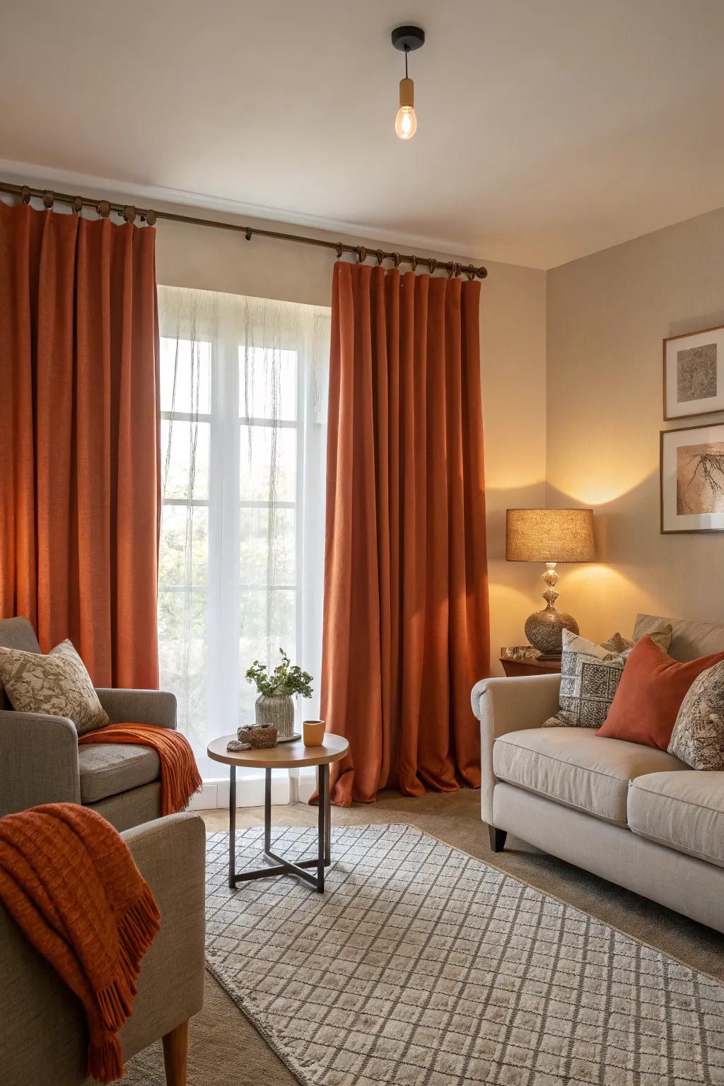 Sunset-toned window coverings impart a cozy and sophisticated atmosphere.