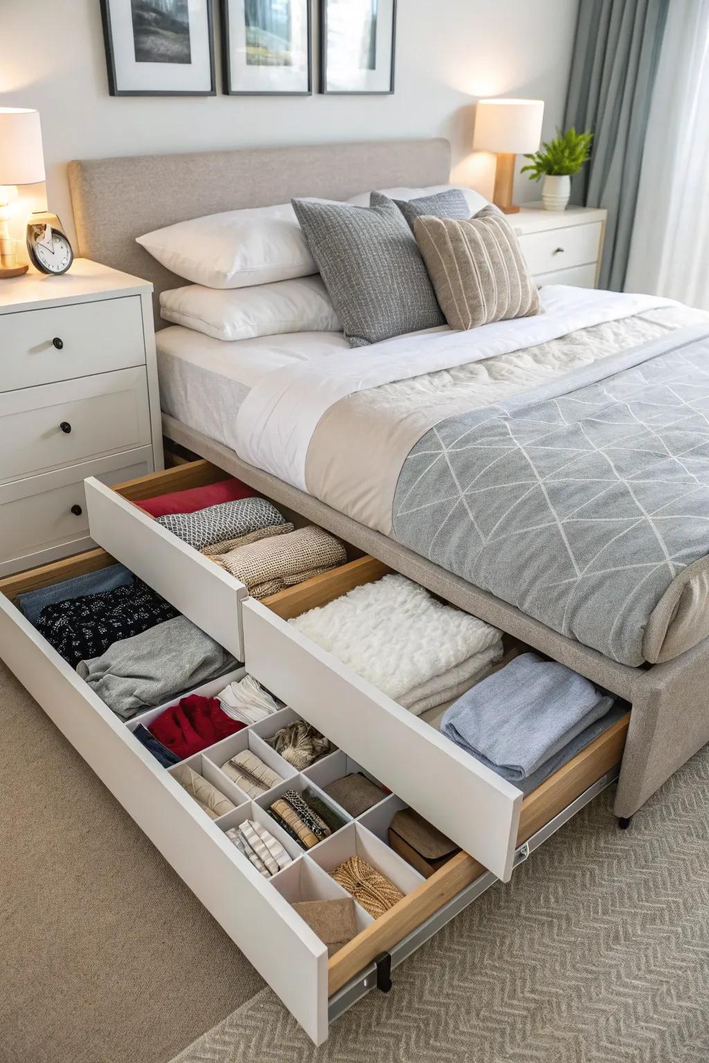 Harness bedroom space effectively using smart under-bed storage innovations.