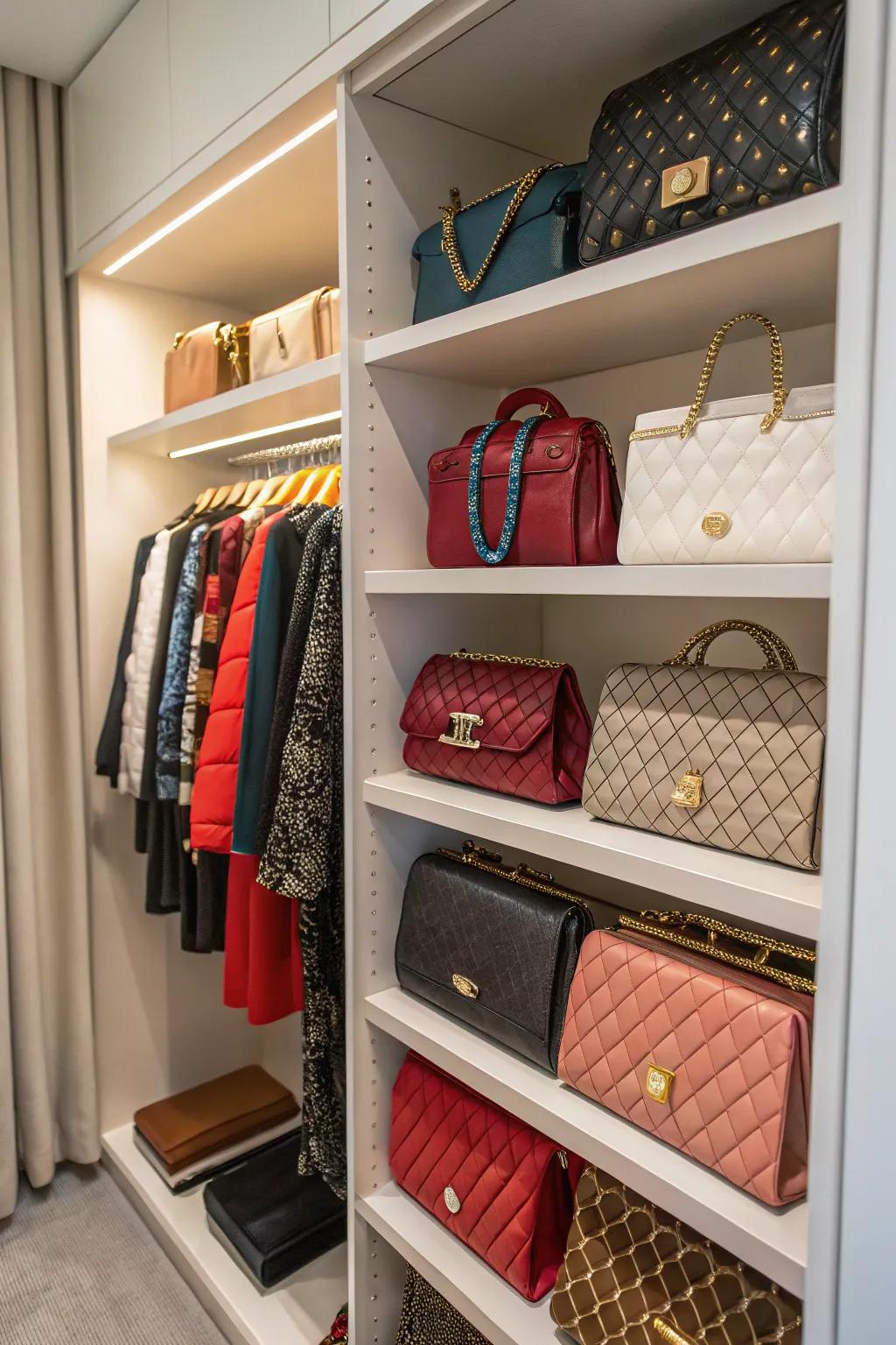 Adjustable shelves provide a flexible answer to handbag arrangement.