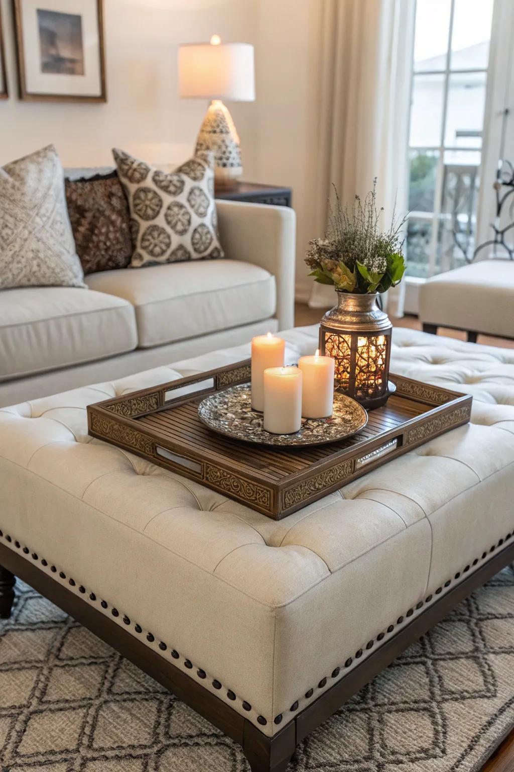 An ottoman tastefully arranged as a coffee table, adorned with elegant decorations.