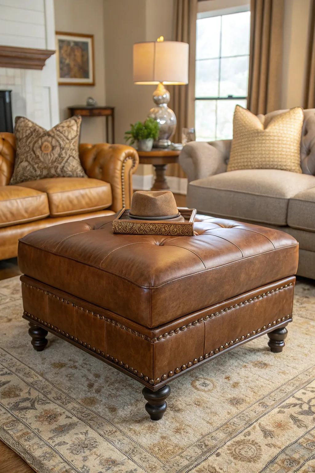 A timeless leather ottoman enhances the cozy, sophisticated atmosphere of a living room.
