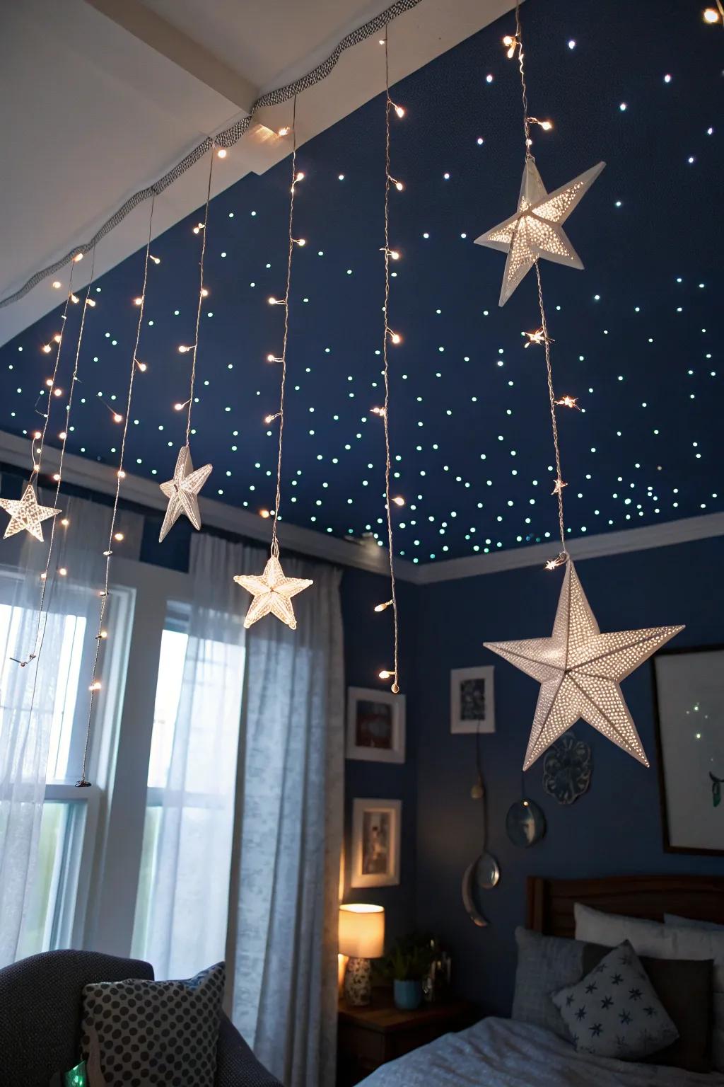 A canopy altered into a starry nocturnal spectacle, replete with glimmering lights and suspended stars.