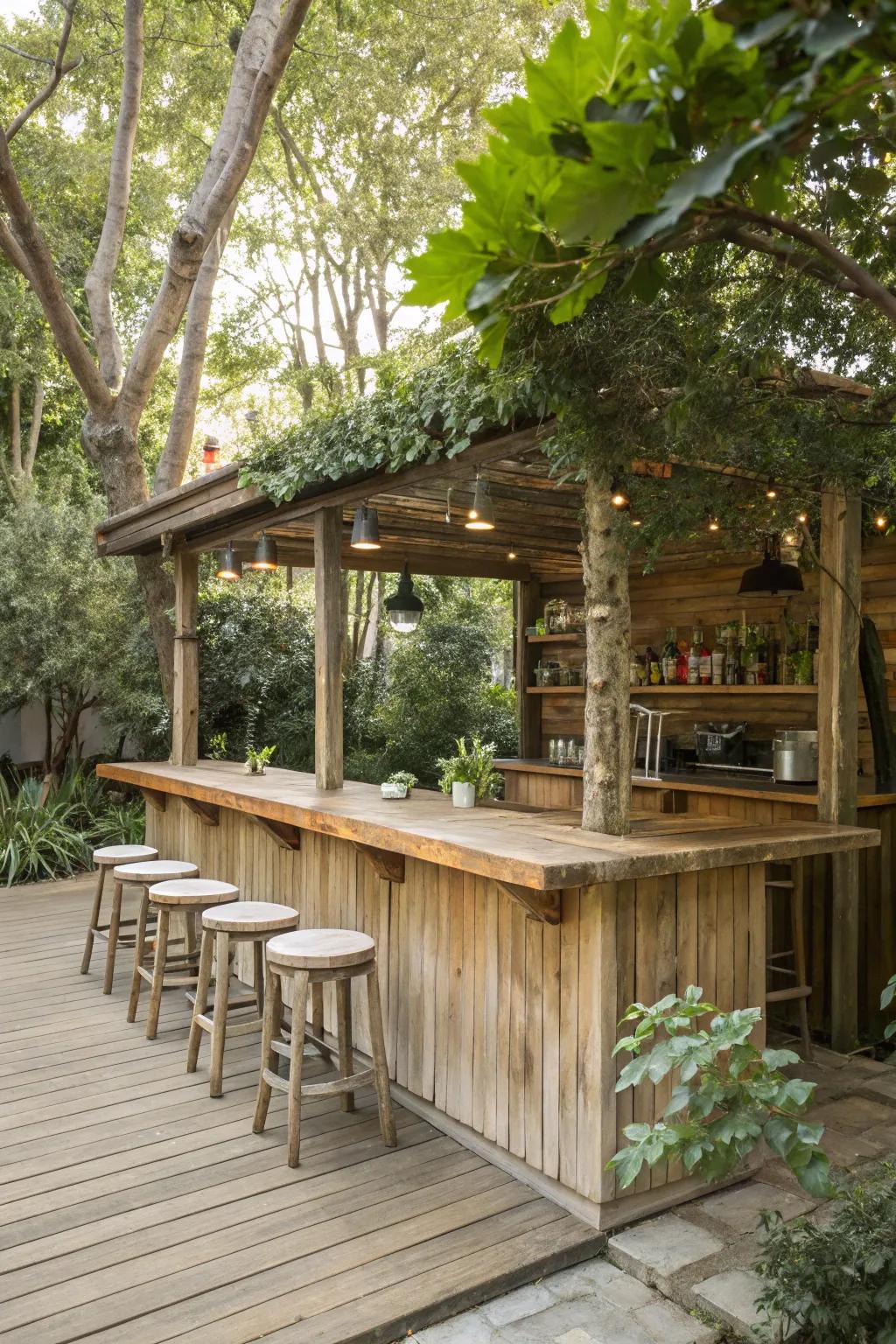 A rustic wooden bar merges beautifully with the garden’s greenery.