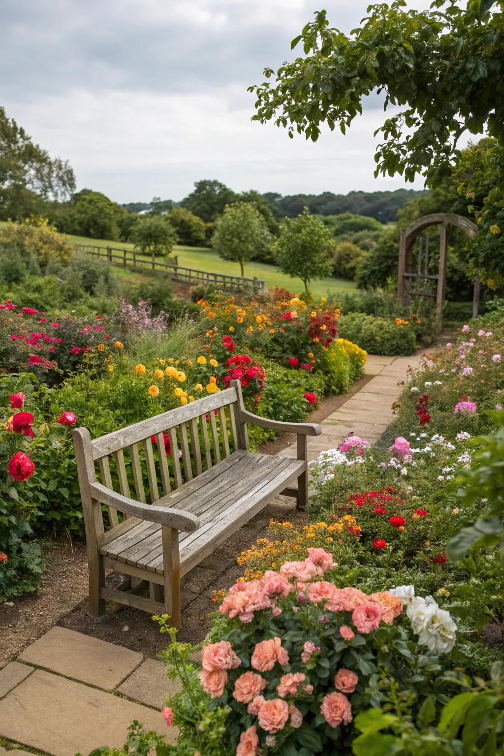 A garden bench harmoniously nestled among vibrant blooms.