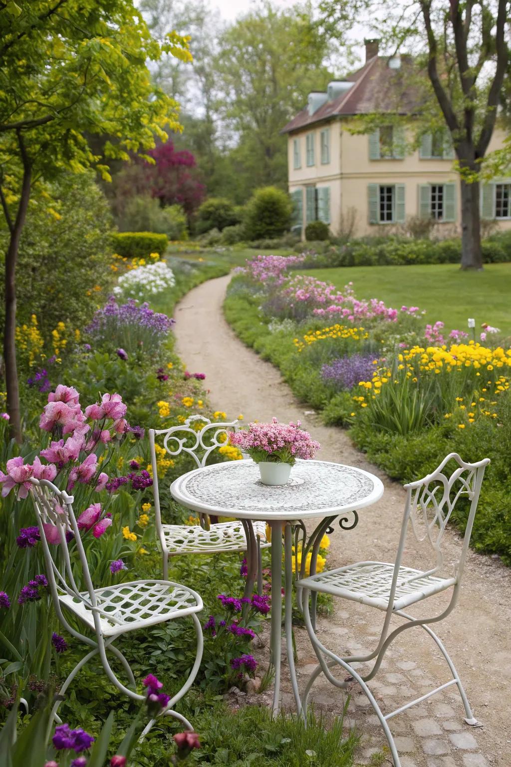 Ageless charm showcased by a hand-forged iron small outdoor dining set nestled in a vibrant garden.