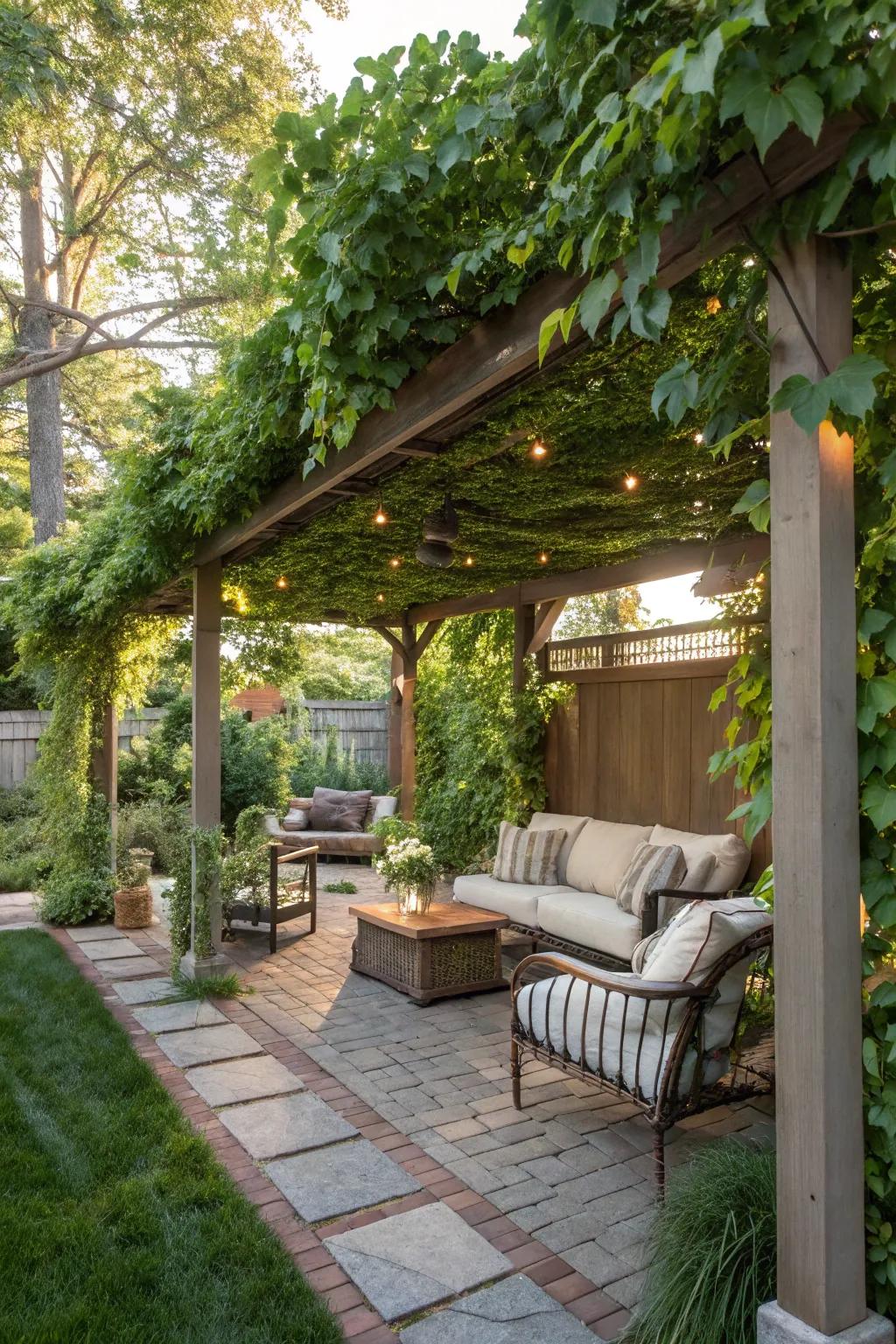 A pergola enriched with abundant greenery crafts a tranquil garden hideaway.