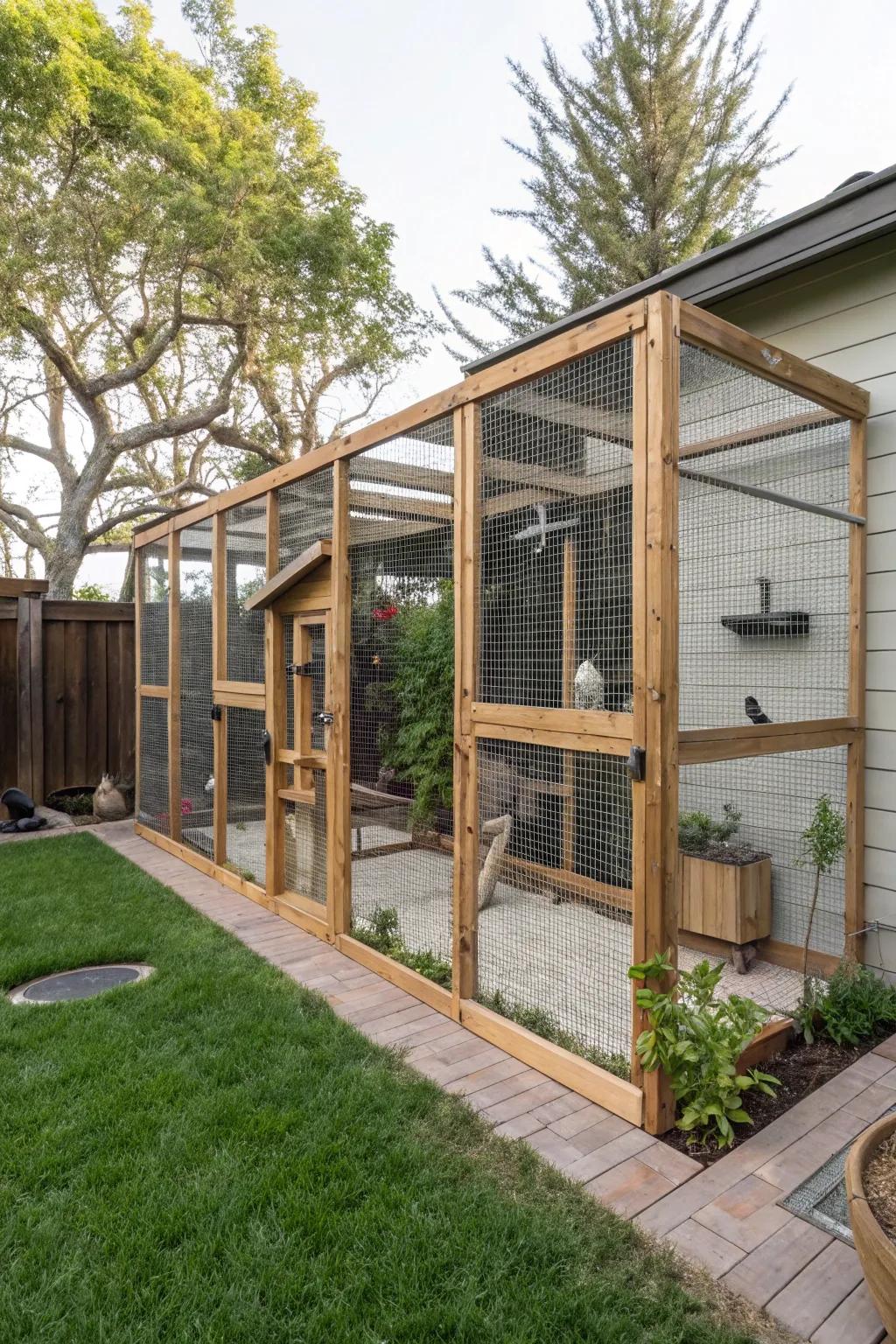 A secure and chic enclosed catio for outdoor feline amusement.