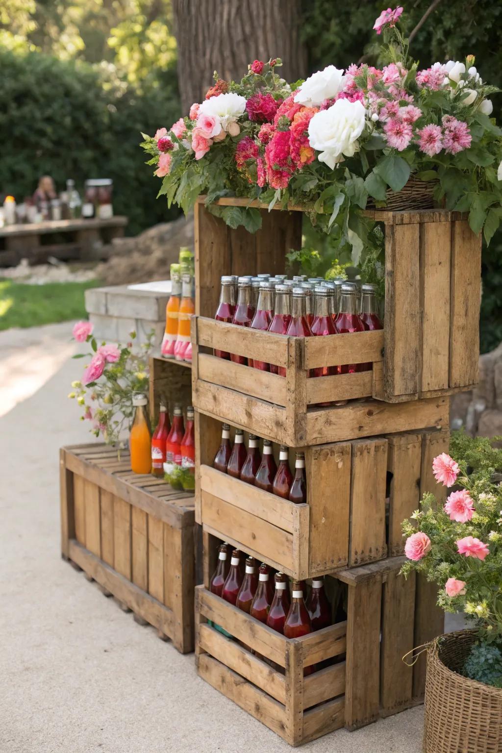 Charming wooden boxes create a flexible and appealing drink station.