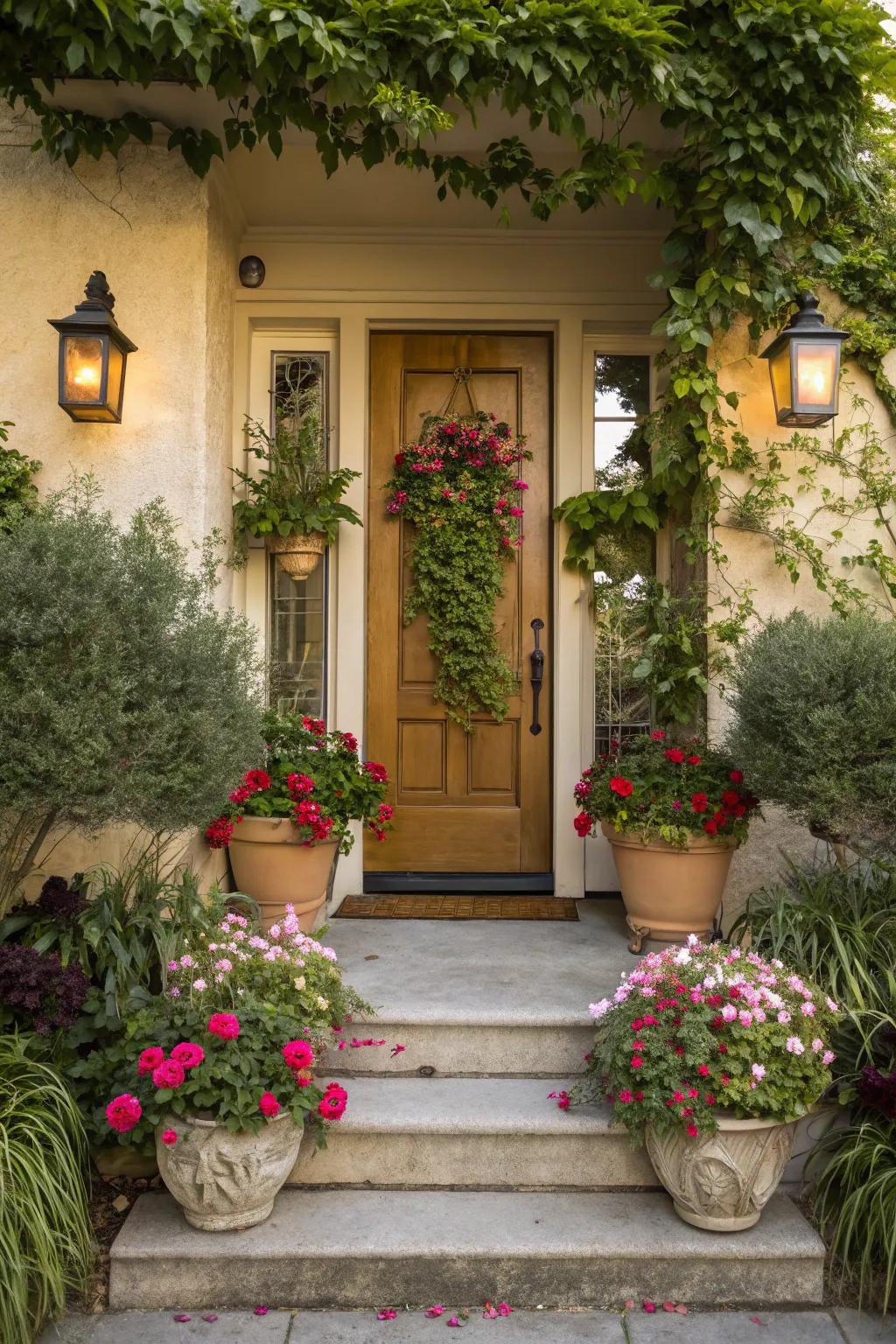 Potted plants breathe color and vitality into any entryway, fostering a warm, welcoming ambiance.