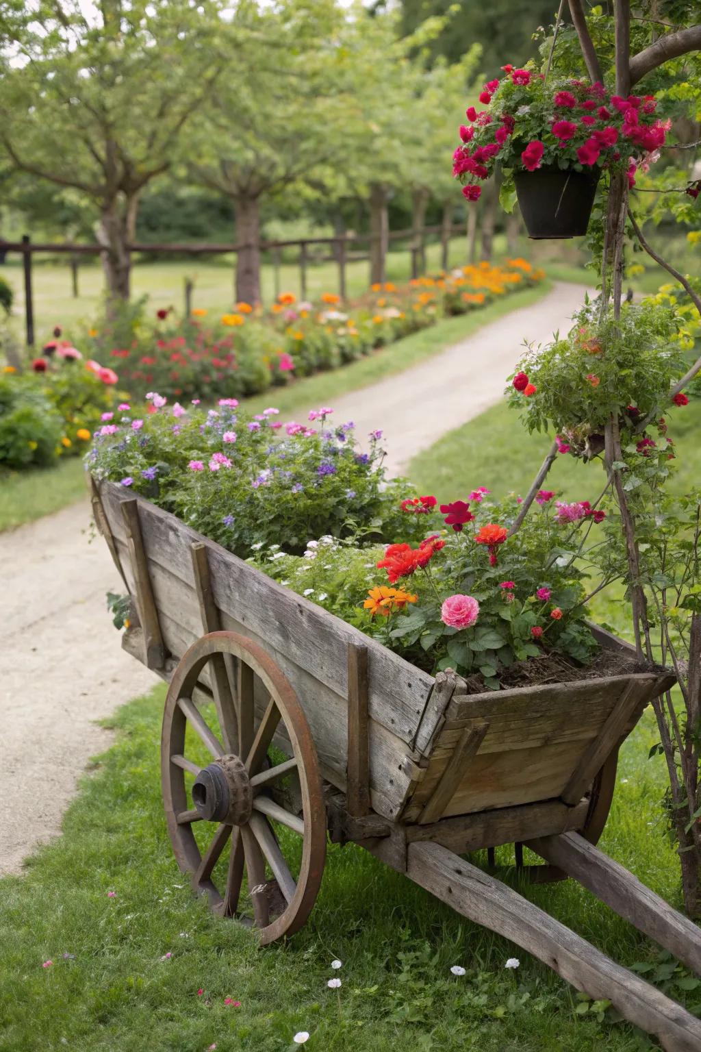 A vintage cart overflowing with bright flowers adds character to the garden.