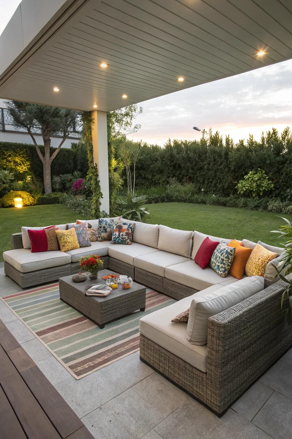 Flexible couch arrangements provide adjustable seating choices for various events.