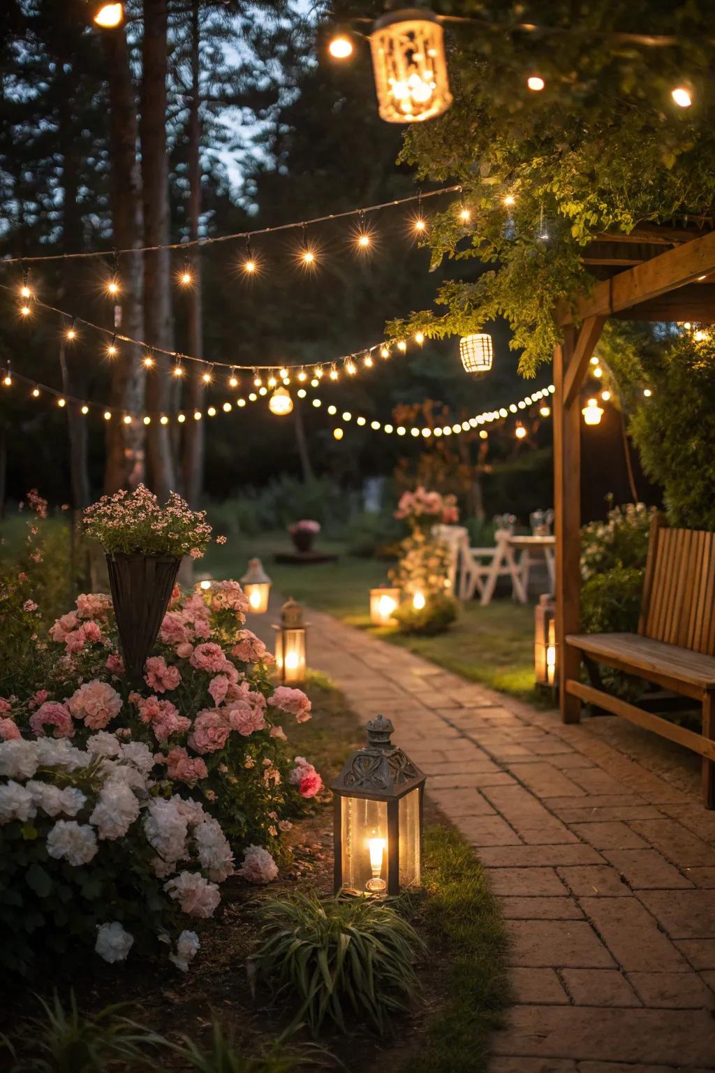 Twinkle lights and lanterns fashion a magical twilight setting.