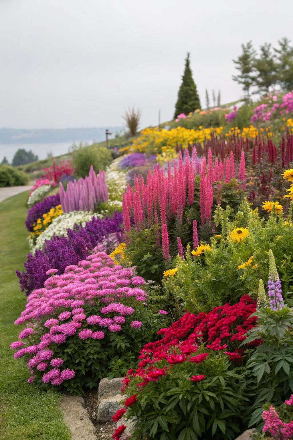 Lively floral displays showcasing diverse shades of blossoms at differing heights.