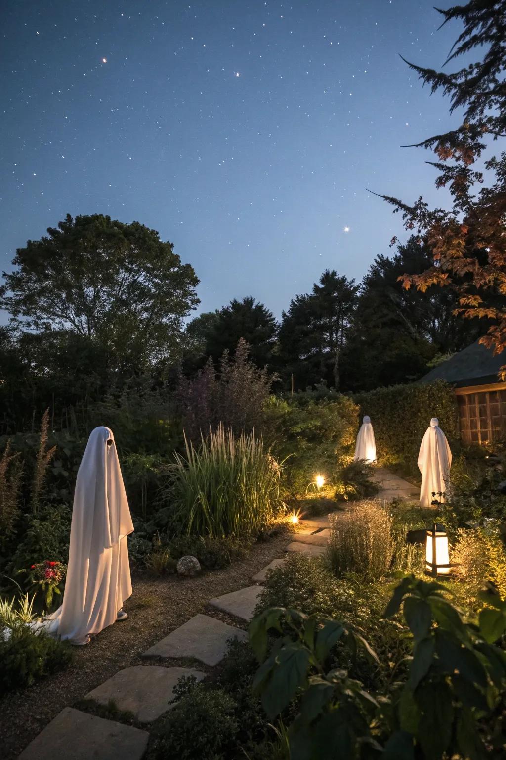 A garden aglow with spectral beings, setting the stage for a haunting Halloween evening.