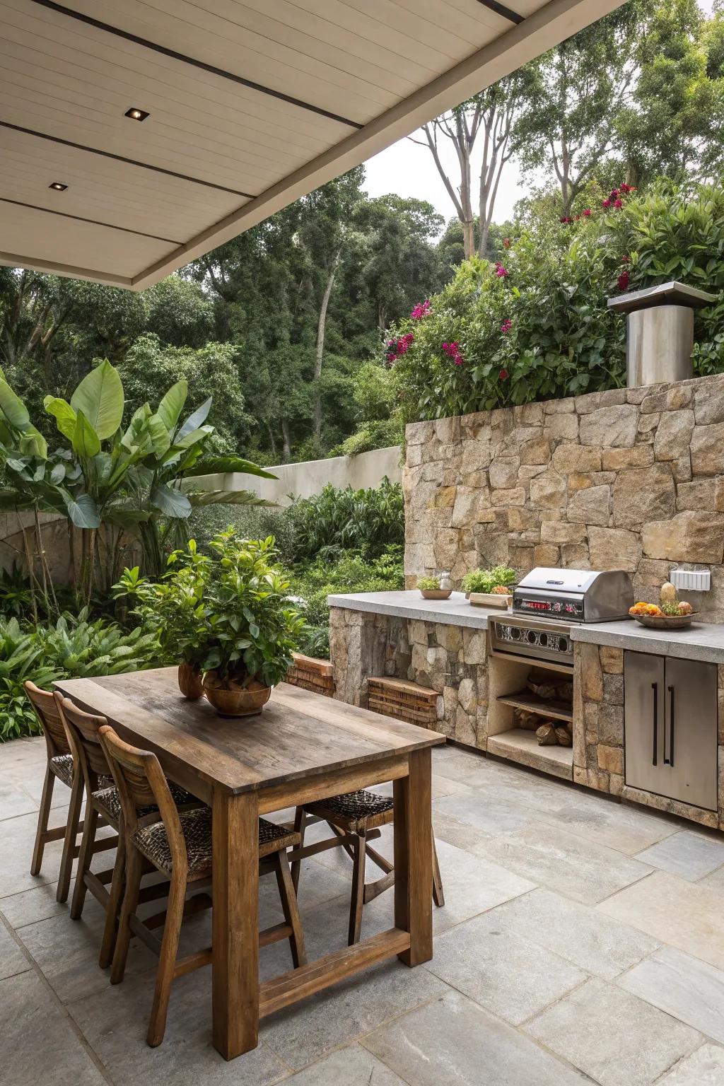 Natural stone backsplashes create an elegant and harmonious outdoor kitchen aesthetic.
