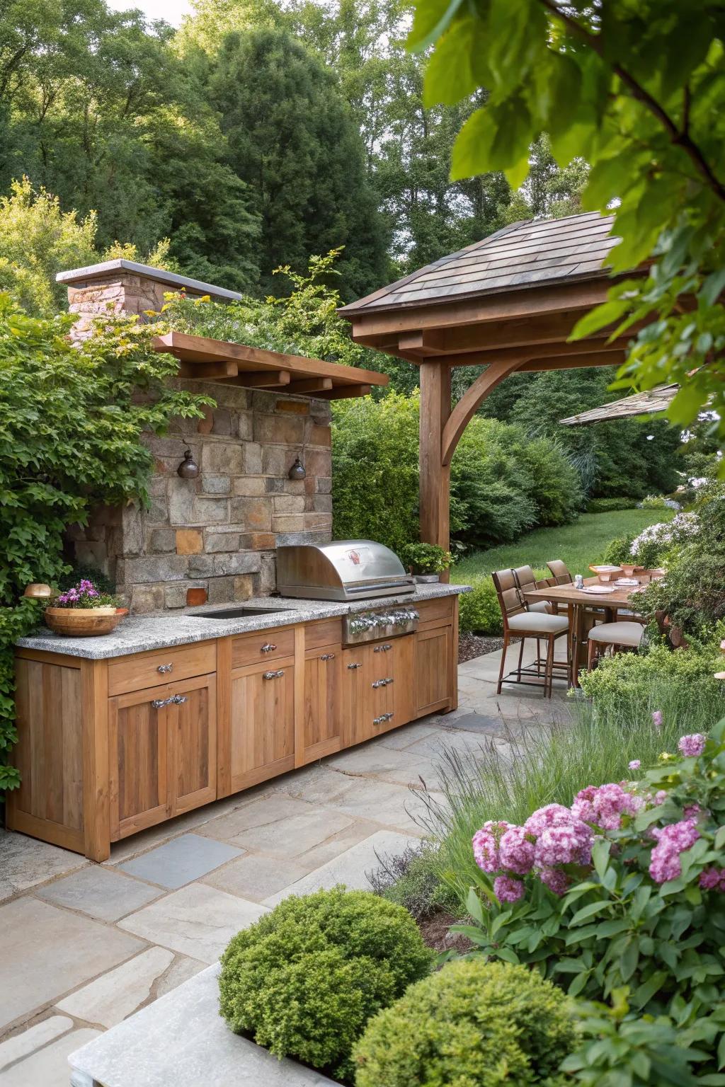 Natural elements craft a captivating, rustic kitchen atmosphere.