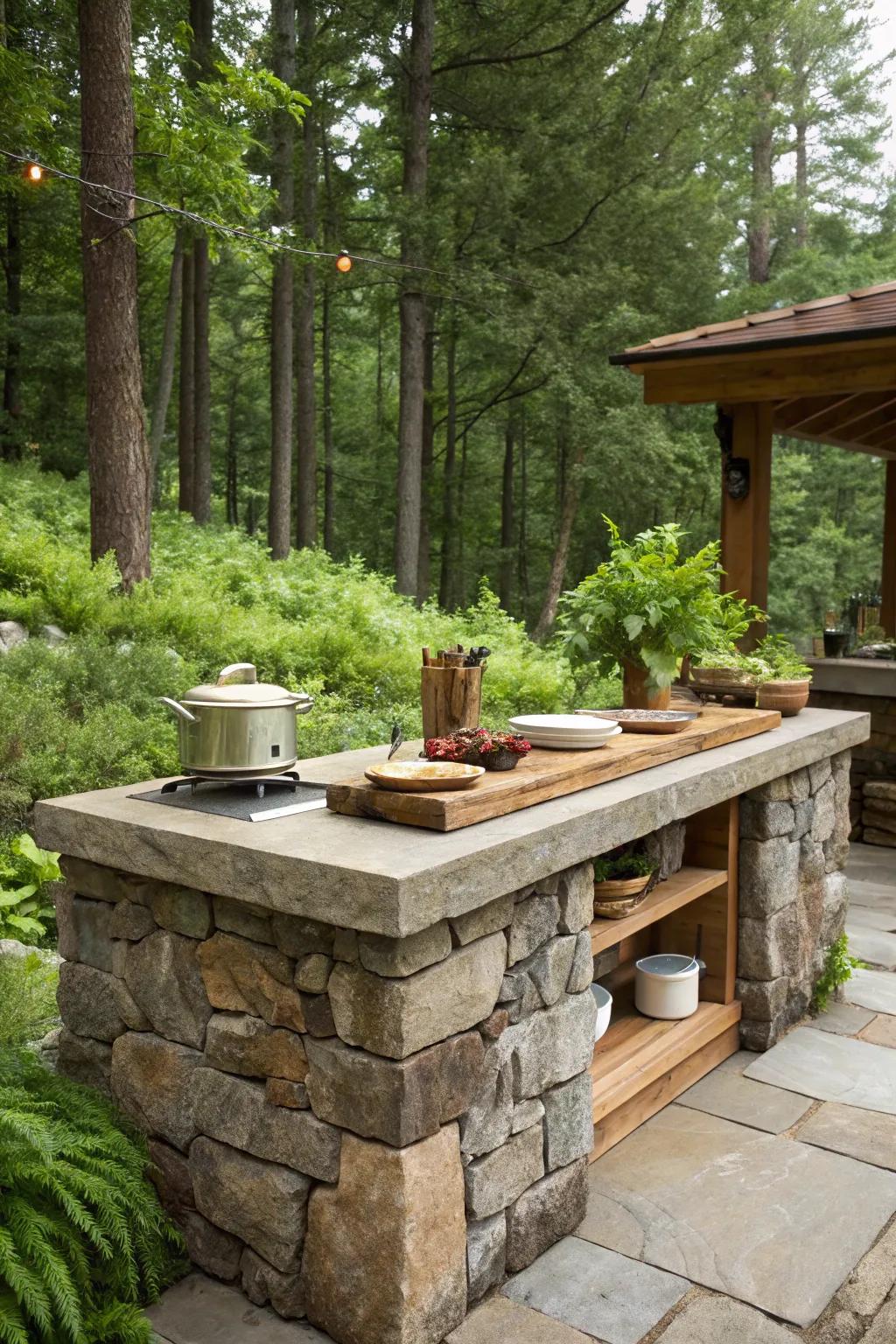 An exquisite outdoor cooking area fashioned from stone and timber, nestled among abundant greenery.