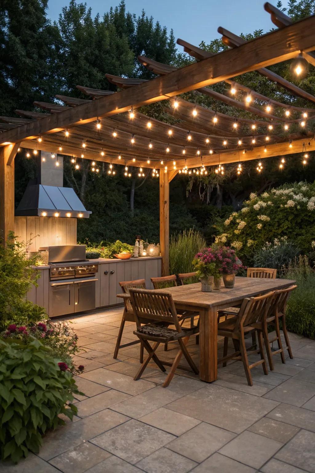 String lights add a touch of magic to any outdoor kitchen setting.